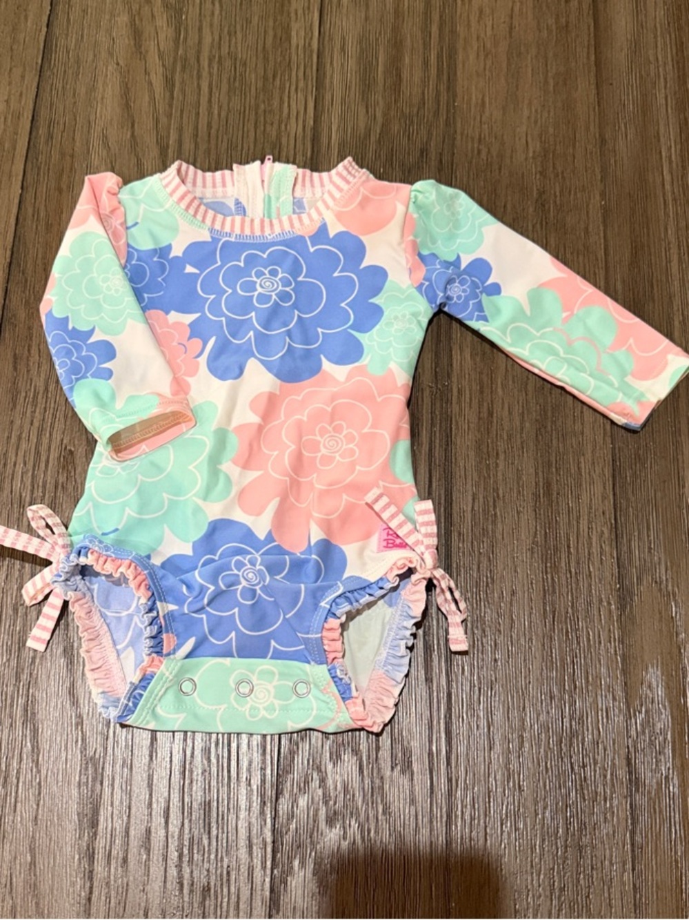 RuffleButts baby girl 3-6 month swim one piece with long sleeves - blue and pink
